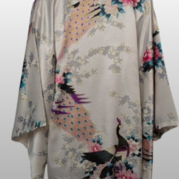 Elegant Floral Silk Short Kimono Robe Floral - Picture 7 of 12